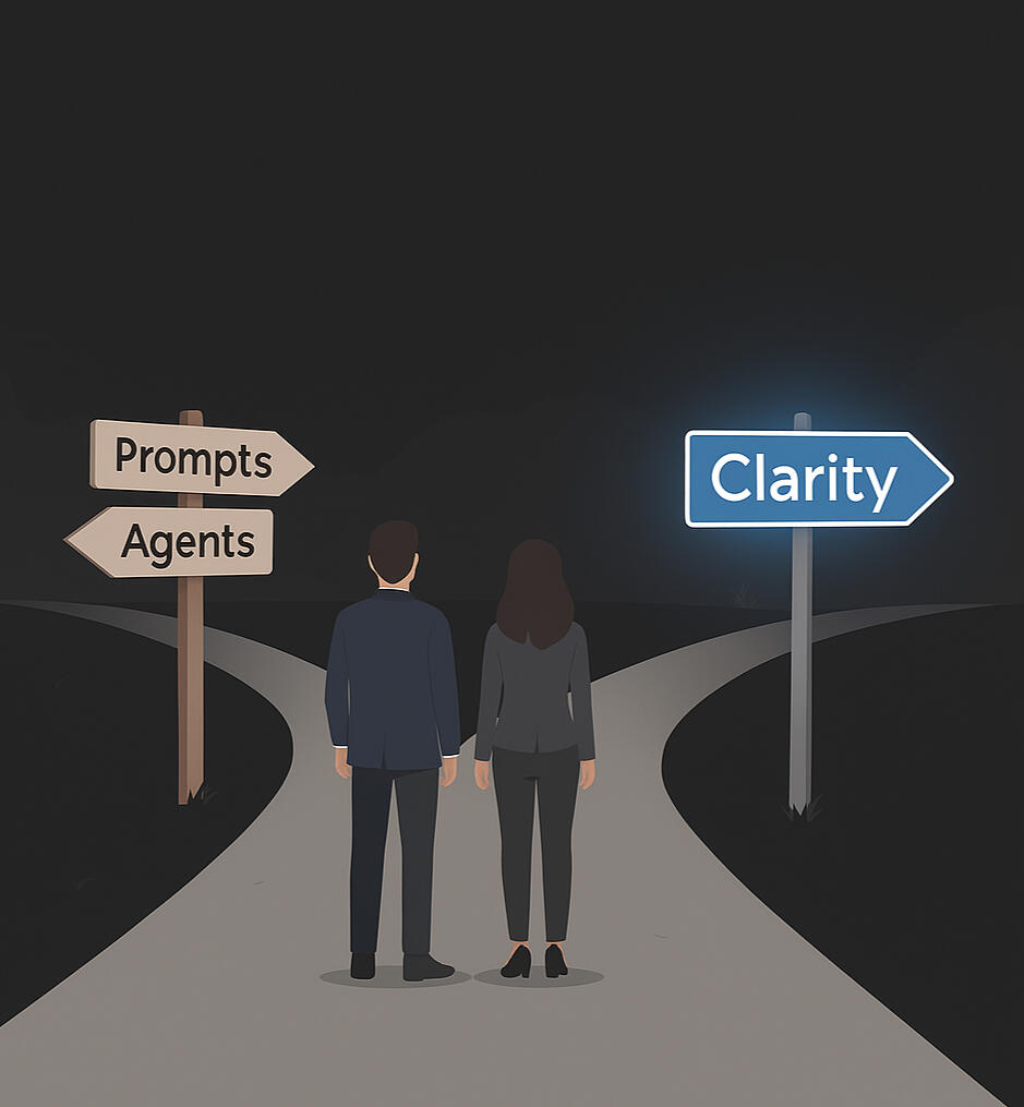 Two business professionals choosing a clear AI strategy path over generic prompts and agents, guided by a sign pointing to clarity