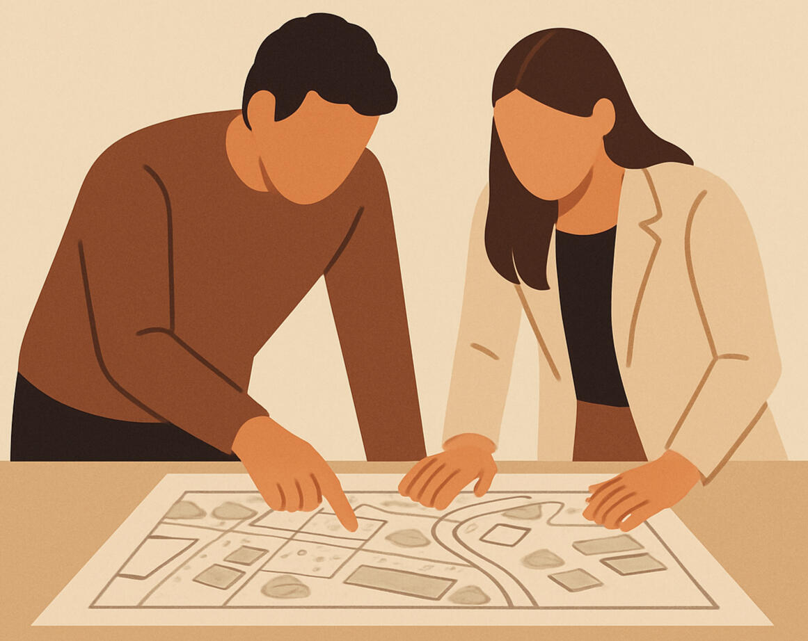 Two people leaning over a strategy sketch