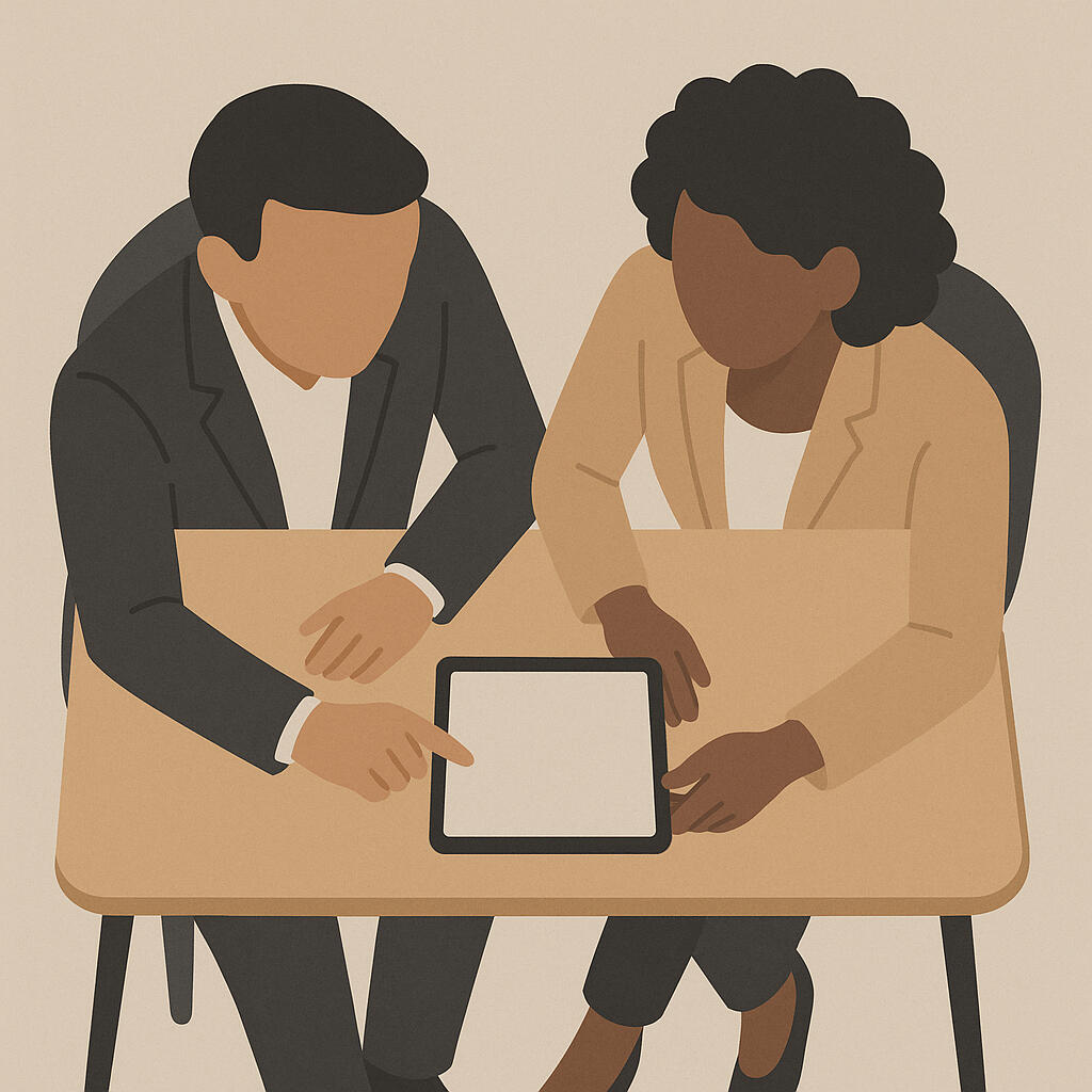 Two professionals in discussion, pointing at a blank tablet on a desk — representing collaborative AI strategy planning tailored to your business.