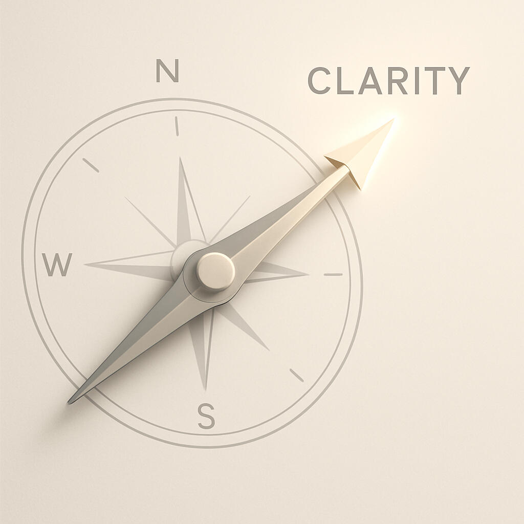 A modern compass pointing toward the word "Clarity" — symbolizing strategic direction and customized AI guidance for your business.